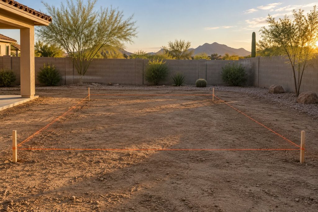 Backyard pool site staked out with wooden stakes and orange string on bare dirt in an Arizona backyard at sunset