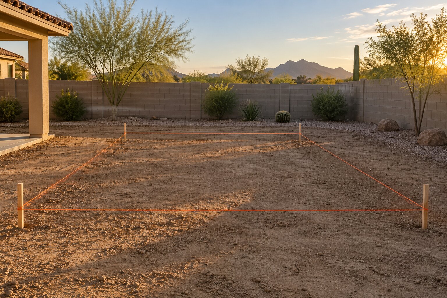 Pool Permitting Process in Arizona Backyard pool site staked out with wooden stakes and orange string on bare dirt in an Arizona backyard at sunset