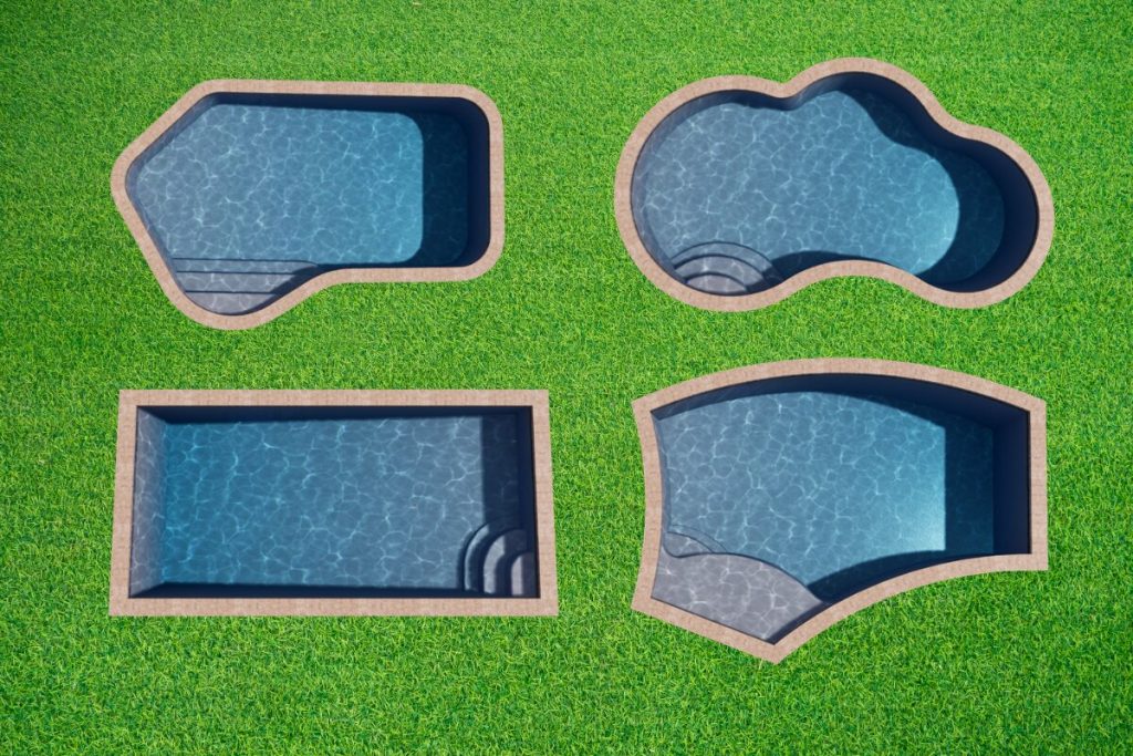 Four Simply Fun Pools plan shapes shown from above on green grass